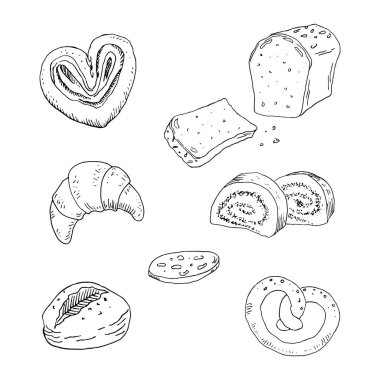 Ekmek yapım ürünleri beyaz zemin üzerine eskiz. Vektör çizim.