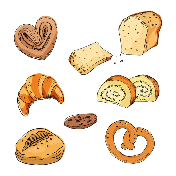 Croquis Produits Boulangerie Sur Fond Blanc Illustration Vectorielle — Image vectorielle