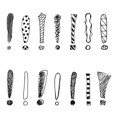 Grunge kroki ünlem işareti kümesi. Vektör çizim.