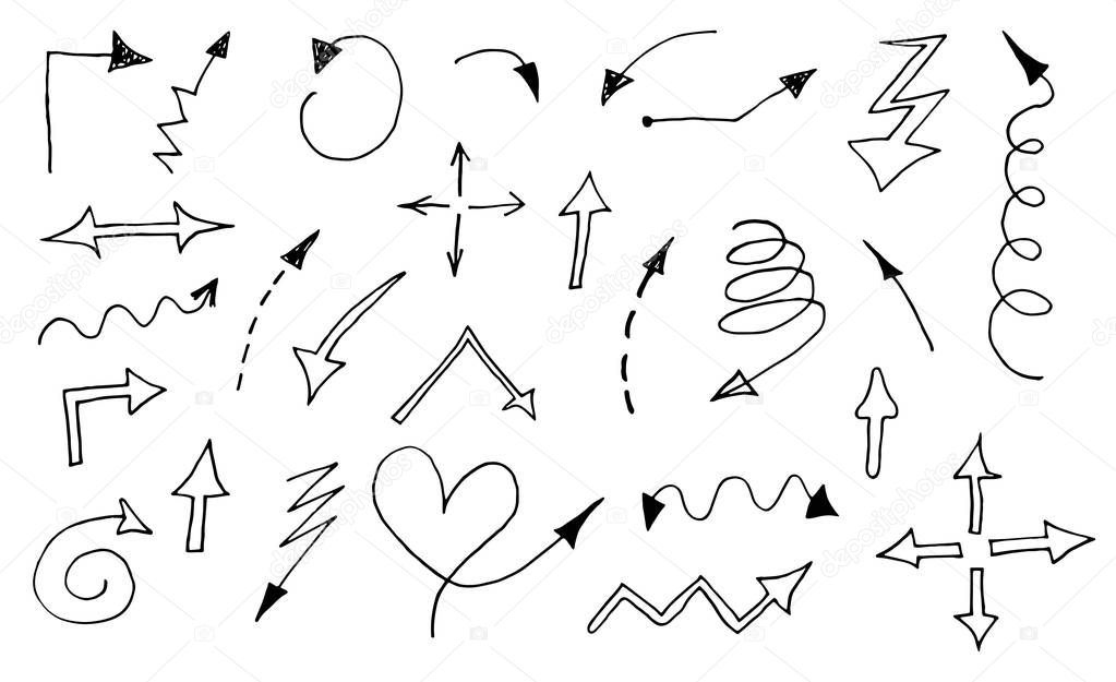 Set of sketch hand drawn arrows. Vector illustration.