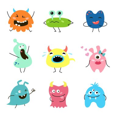 Beyaz arka plan üzerinde çizgi film canavarlar kümesi. Vektör çizim.
