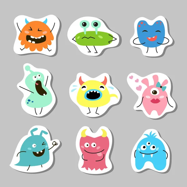 Set Stiker Dengan Monster Kartun Ilustrasi Vektor - Stok Vektor