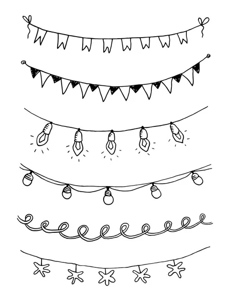 Handgezeichnete Skizzengirlanden Mit Fahnen Und Glühbirnen Vektorillustration — Stockvektor