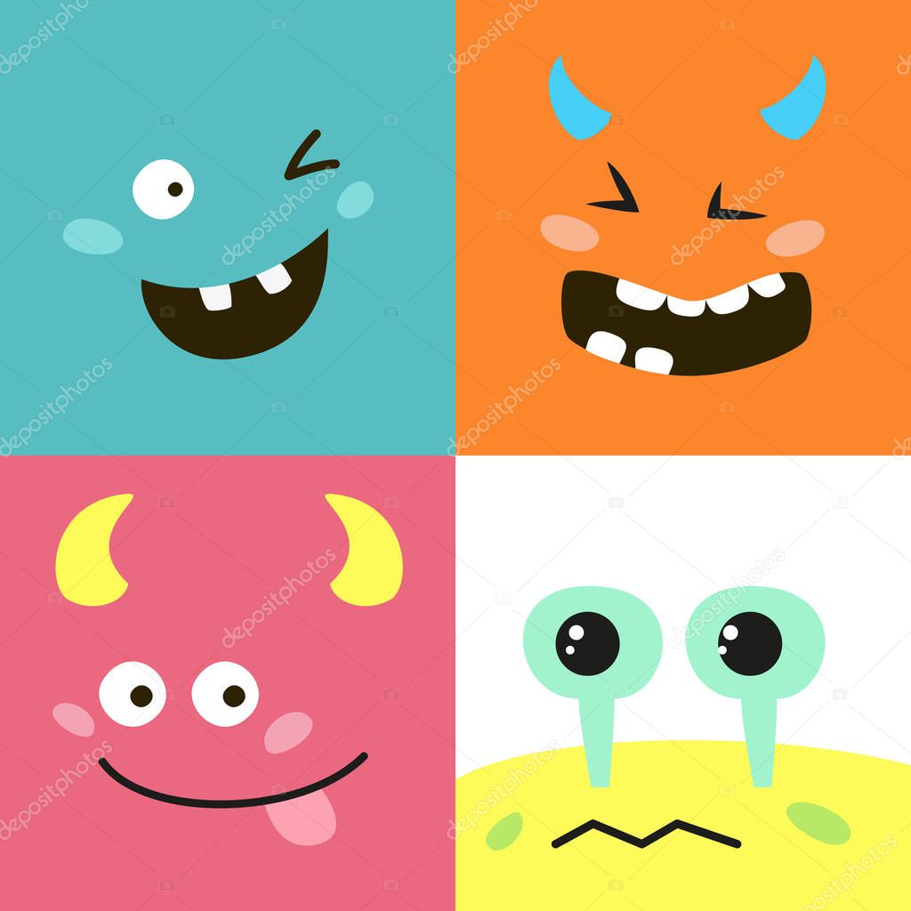 Set of cartoon monster faces. Vector illustration.
