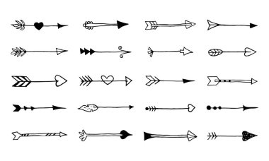 Elle çizilmiş vintage okları kümesi. Vektör çizim.