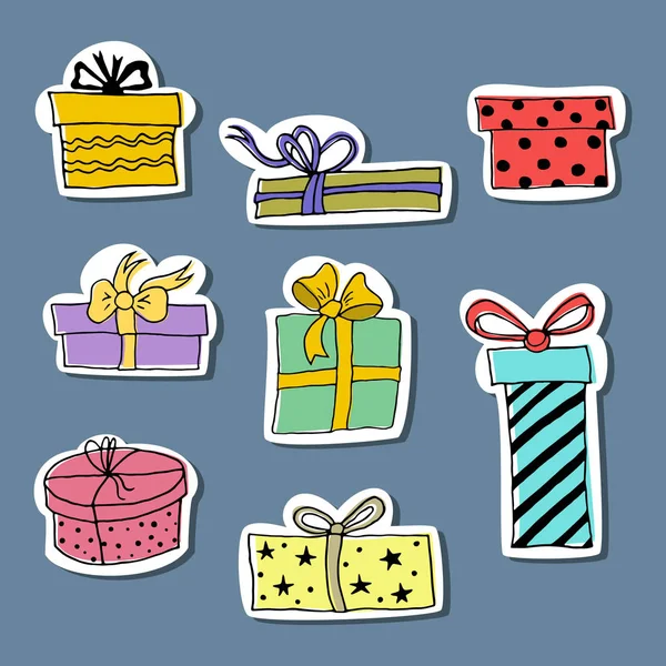 Set Pegatinas Con Cajas Regalo Dibujadas Mano Ilustración Vectorial — Archivo Imágenes Vectoriales