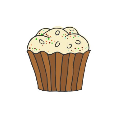 El Beyaz arka plan üzerinde renkli cupcake çekilmiş. Vektör çizim.