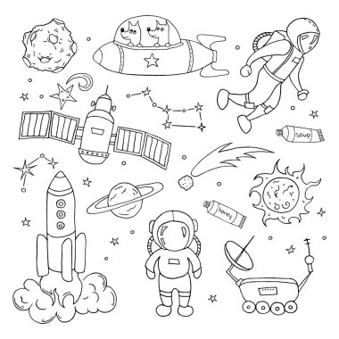 Farklı alan nesneleri kümesi. Elle çizilmiş kroki. Vektör çizim.