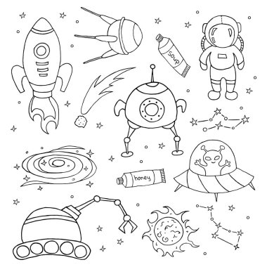 Farklı alan nesneleri kümesi. Elle çizilmiş kroki. Vektör çizim.