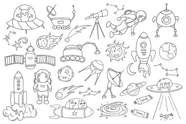 Farklı alan nesneleri kümesi. Elle çizilmiş kroki. Vektör çizim.