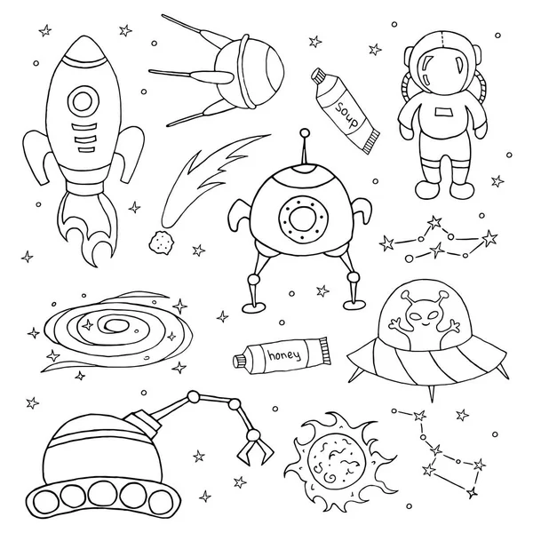 Set Different Space Objects Hand Drawn Sketch Vector Illustration — Stock Vector