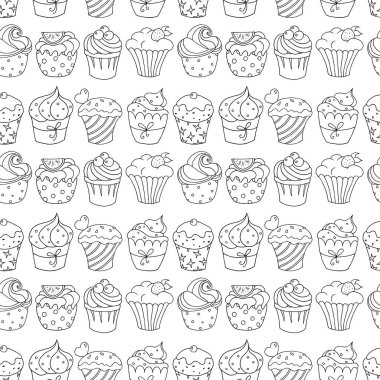 Dikişsiz desen beyaz arka plan üzerinde kekler. Vektör çizim.
