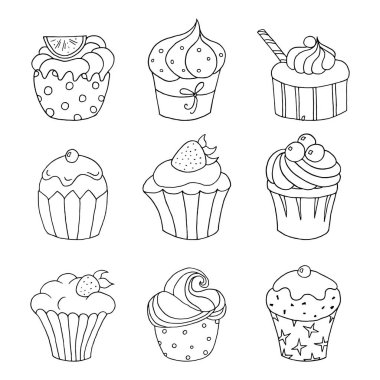 Beyaz arka plan üzerinde elle çizilmiş cupcakes kümesi. Vektör çizim.