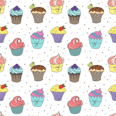Dikişsiz desen sevimli kekler. Vektör çizim.