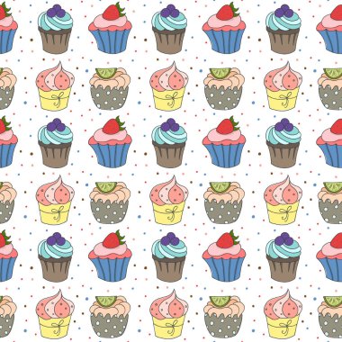 Dikişsiz desen sevimli kekler. Vektör çizim.