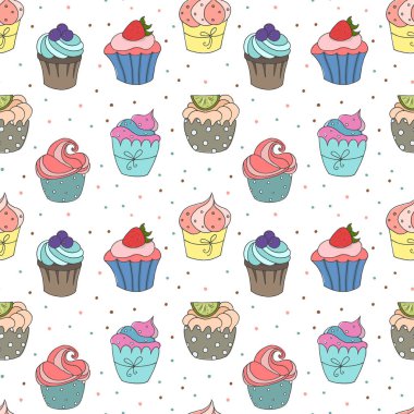 Dikişsiz desen sevimli kekler. Vektör çizim.
