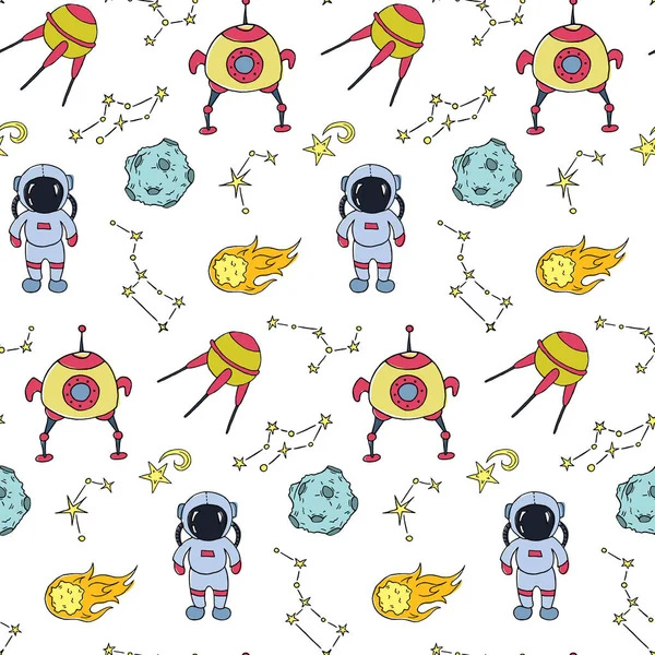 Seamless pattern with hand drawn different space objects. Vector illustration.