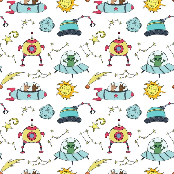 Seamless pattern with hand drawn different space objects. Vector illustration.