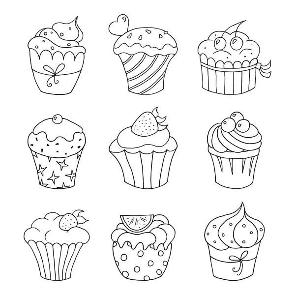 Conjunto de cupcakes dibujados a mano sobre fondo blanco . — Archivo Imágenes Vectoriales