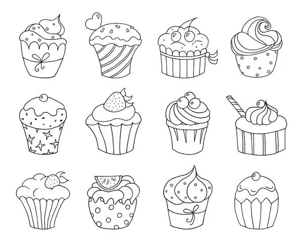 Beyaz arka plan üzerinde elle çizilmiş cupcakes kümesi. 
