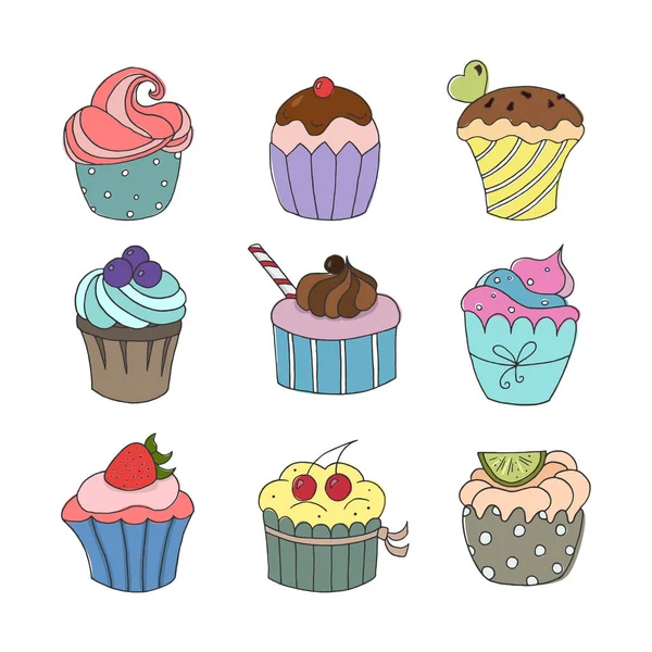 Ensemble Cupcakes Dessinés Main Sur Fond Blanc Illustration Vectorielle — Image vectorielle