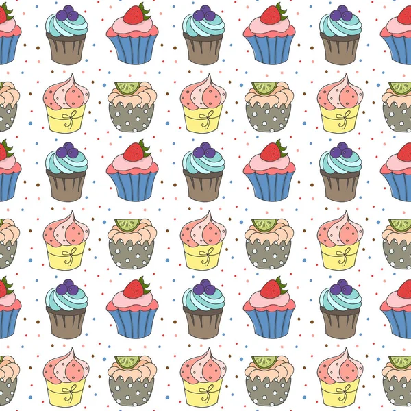 Patrón Sin Costuras Con Lindos Cupcakes Ilustración Vectorial — Archivo Imágenes Vectoriales