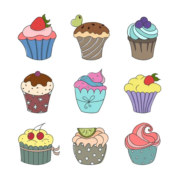Set Handgezeichneter Cupcakes Auf Weißem Hintergrund Vektorillustration — Stockvektor