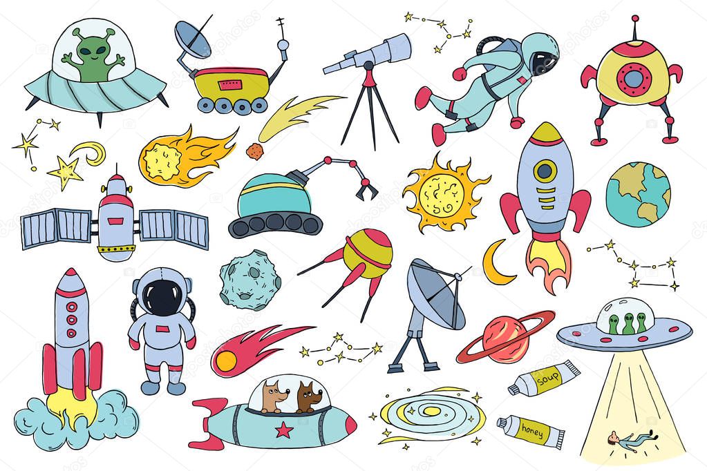 Set of different space objects. Hand drawn sketch. Vector illustration.