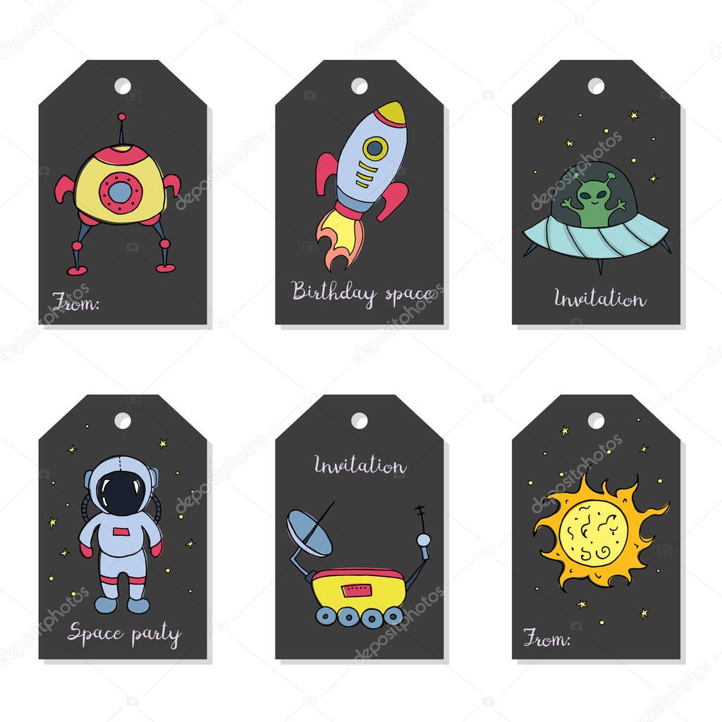 Set of astronomy hand drawn tags. Vector illustration.
