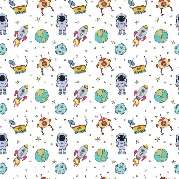 Seamless pattern with hand drawn different space objects. Vector illustration.