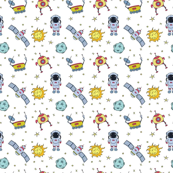 Seamless pattern with hand drawn different space objects. Vector illustration.