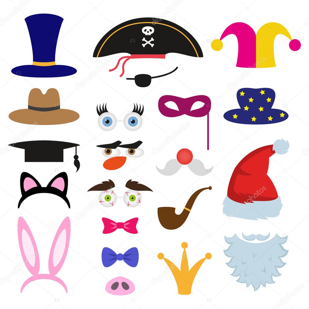 Set of different piece photo booth props. Vector illustration.