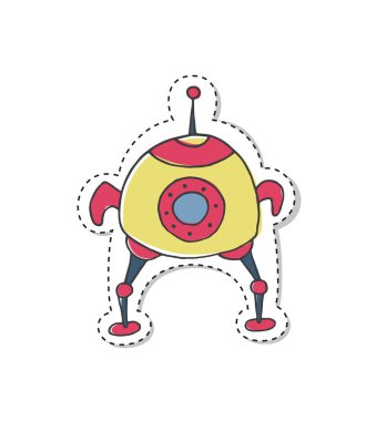 Çizgi film uzay gemisi ile etiket. Elle çizilmiş kroki. Vektör çizim.