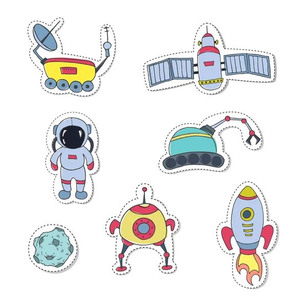 Set Stickers Different Space Objects Hand Drawn Sketch Vector Illustration — Stock Vector