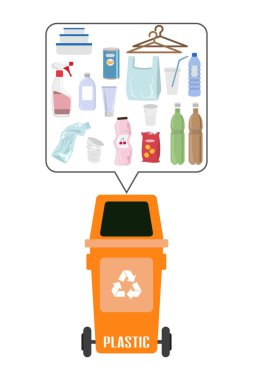 Beyaz arka plan üzerinde plastik çöp içeren kapsayıcı. Ekoloji ve geri dönüşüm kavramı. Vektör çizim.