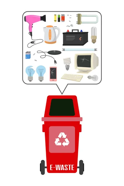 白い背景の上の電子廃棄物ゴミのコンテナー エコロジーとリサイクルのコンセプト ベクトル図 — ストックベクタ