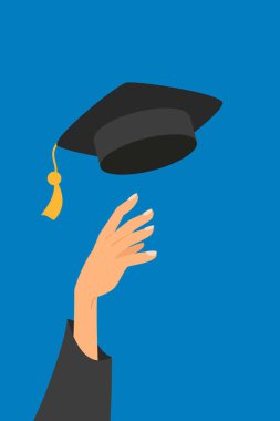 Concept of education, hand of graduate throwing graduation hat in the air. Vector illustration.