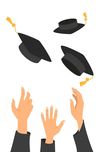 Concepto Educación Manos Graduados Lanzando Sombreros Graduación Aire Ilustración Vectorial — Vector de stock