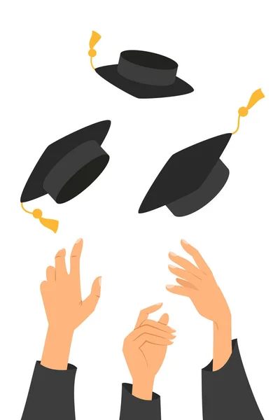 Concepto Educación Manos Graduados Lanzando Sombreros Graduación Aire Ilustración Vectorial — Vector de stock