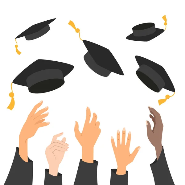 Concept Éducation Mains Diplômés Jetant Des Chapeaux Graduation Dans Air — Image vectorielle