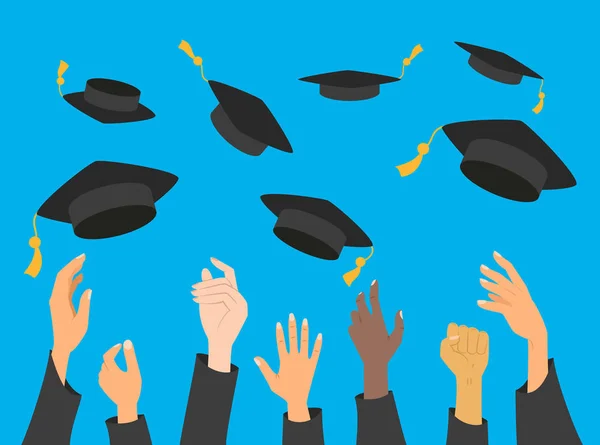 Concepto de educación, manos de graduados lanzando sombrero de graduación — Vector de stock