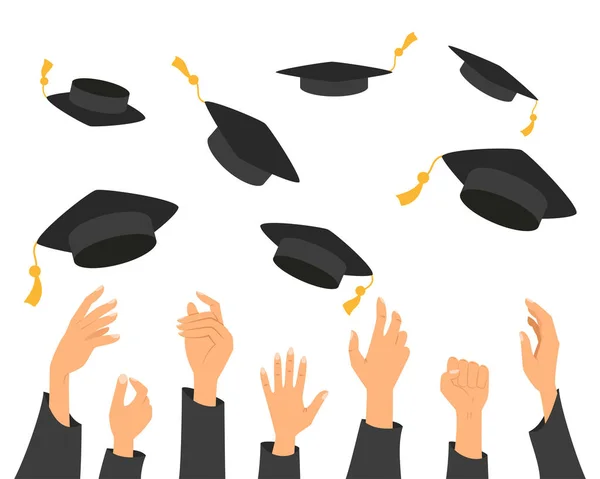 Concepto de educación, manos de graduados lanzando sombrero de graduación — Vector de stock