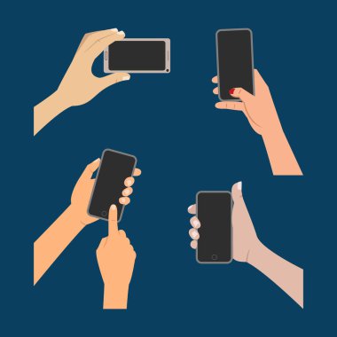 Akıllı telefonlar veya tablet tutan eller. Vektör çizim, düz tasarım.