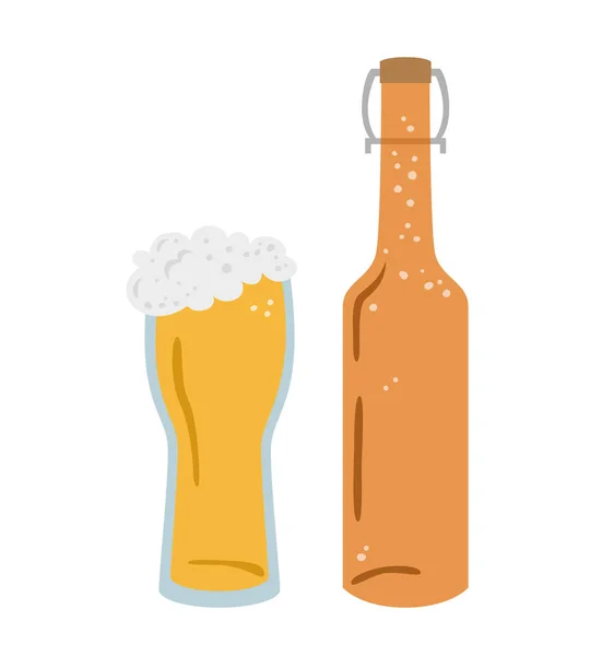Copo Garrafa Com Cerveja Fundo Branco Ilustração Vetorial — Vetor de Stock