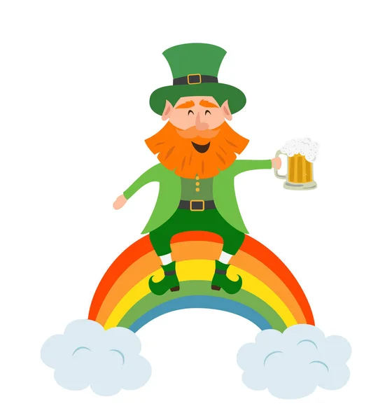 Leprechaun Sits Rainbow Glass Beer Saint Patrick Day Concept Vector — Stock Vector
