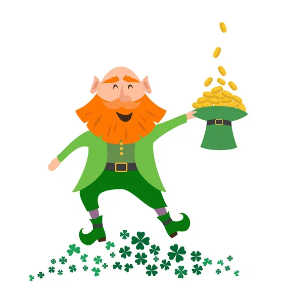 Leprechaun Holding Hat Gold Saint Patrick Day Concept Vector Illustration — Stock Vector