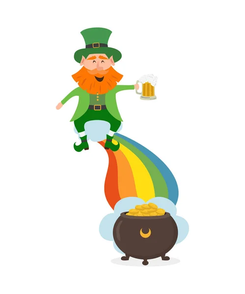 Kabouter Zit Een Regenboog Met Een Glas Bier Saint Patrick — Stockvector