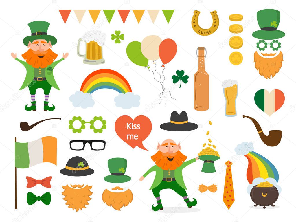 Set of different elements and photo booth props for St. Patrick's Day. Saint Patrick's Day concept. Vector illustration