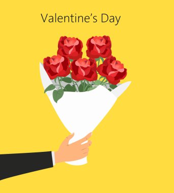 Adam bir buket gül tutar. St. Valentine's gün kavramı. Vektör çizim.