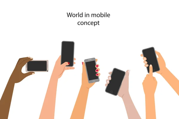 Mobil uygulama kavramı, bir telefonları holding eller. Vektör çizim.